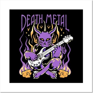 Death Metal Satanic Baphomet Cat playing guitar Posters and Art